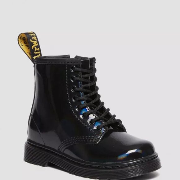 DR. MARTENS Unisex Kids 1460 Rainbow Patent Leather Lace Up Boots Black - Picture 1 of 8
